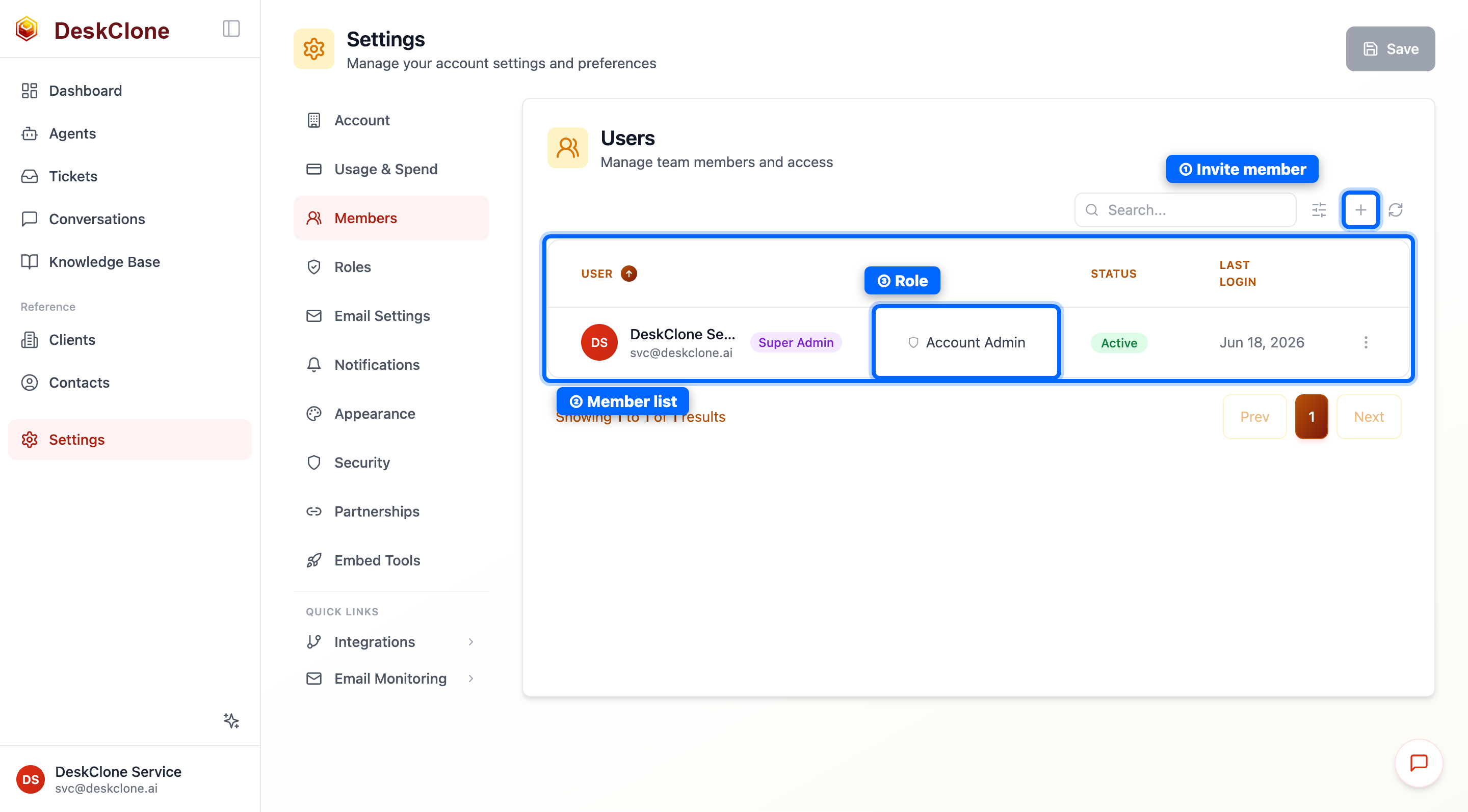 The Settings Members page showing the invite button, the list of team members, and each member's role