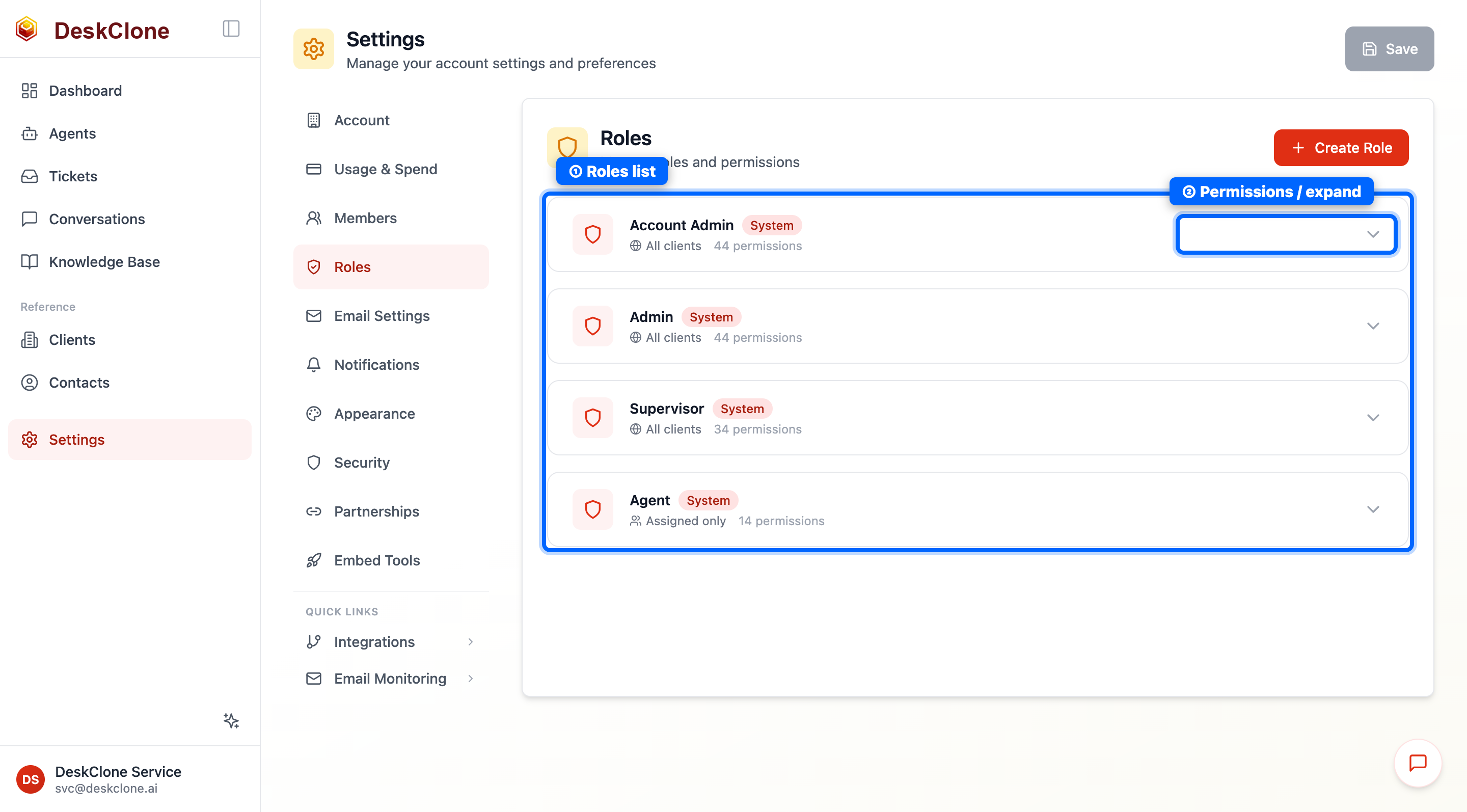 The Settings Roles page showing the built-in roles - Account Admin, Admin, Supervisor, and Agent - with their permission counts