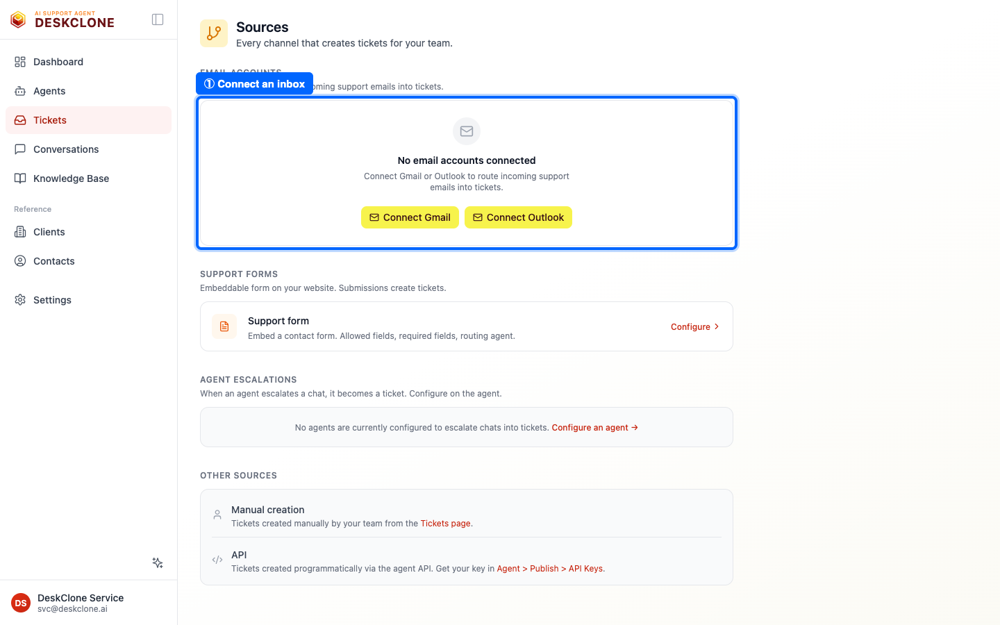 The Ticket Sources page showing email account connections and the form and widget escalation sources